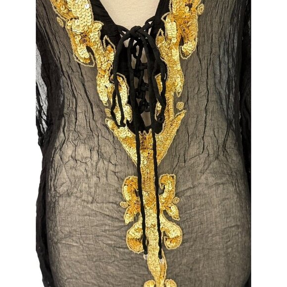 Manish Vaid Dress Cover-Up Size M Black Gold Embellished Resort Beach Poolside - Picture 3 of 14